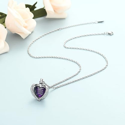 shajwo Angel Wing Heart Urn Ashes Necklace for Women Men | Cremation Jewelry,Birthstone Necklace of Loved One,Memorial Pendant for Human Pet - color: Silver-Purple