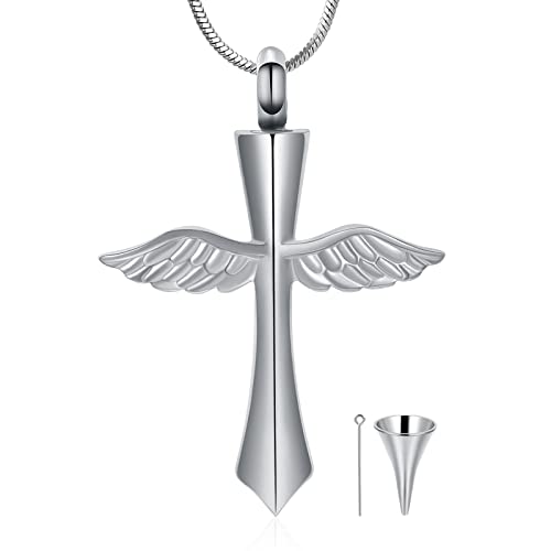 Crystal Cross Necklace for Ashes Stainless Steel Keepsake Cremation Jewelry Religious Cross Memorial Urn Necklace for Pet Human Ashes Gifts - color: Wings-Silver