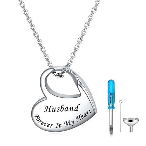 Heart Urn Necklace for Ashes Cremation Jewelry Forever in My Heart Engraved Stainless Steel Keepsake Waterproof Memorial Pendant for loved One with Filling Kit - color: Husband