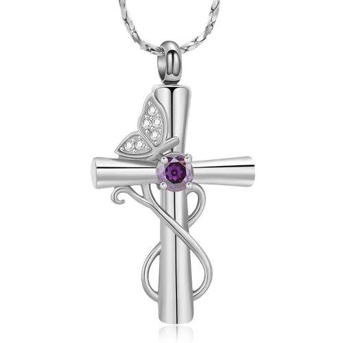 Imrsanl Butterfly Cremation Jewelry Cross Urn Necklace for Ashes | Ashes Holder Keepsake, Human Pet Funeral Memorial Pendant, For Women, In Memory of a Beloved - color: Silver-Purple