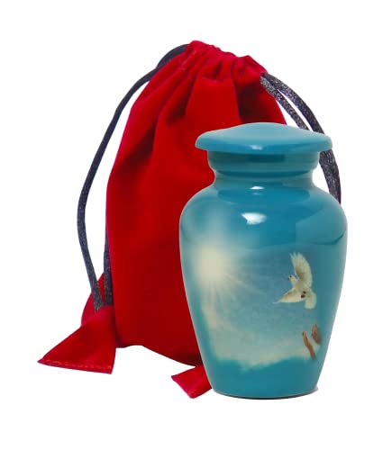 Small Cremation Urns for Human Ashes Adult Male Female - Serenity Dove Painted Mini Keepsake Ash Container - Paper Funnel - Velvet Carry Bag for Mini Vial - color: Light Blue Dove