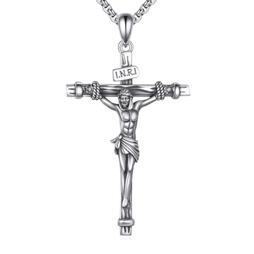 925 Sterling Silver Cross Necklace for Men & Women Crucifix Jesus/Cross Pendant with 22"+2" Stainless Steel Chain Jewelry Gift for Christmas, Father's Day, Mother's Day, Birthday-Gift Box Included - style: B07 Crucifix
