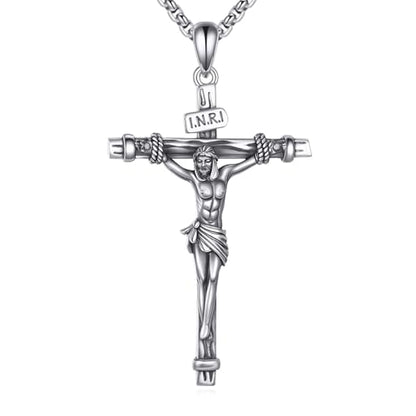 925 Sterling Silver Cross Necklace for Men & Women Crucifix Jesus/Cross Pendant with 22"+2" Stainless Steel Chain Jewelry Gift for Christmas, Father's Day, Mother's Day, Birthday-Gift Box Included - style: B07 Crucifix