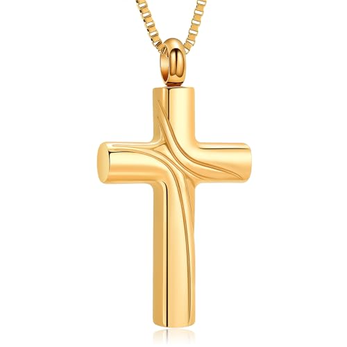 XSMZB Cross Cremation Jewelry Memorial Pendant Urn Necklace for Ashes of Loved One Funeral Ashes Keepsake Necklaces for Men Women - color: Gold