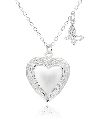 Heart Locket and Butterfly Pendant Necklace for Women Girls • 14K Gold Plated Photo Lockets that Hold Picture Jewelry • Mothers Day Love Gifts Ideas [HN-LK] - color: Silver, style: Jewelry Box