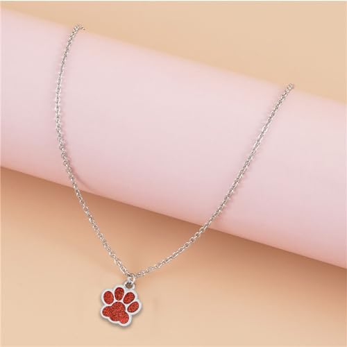 Dreuyet Paw Necklace and Earrings Set for Women Glitter Cute Dog Cat Pet Paw Print Pendant Necklace Earrings Lovely Animal Charm Jewelry Set Gifts - color: Silver Red