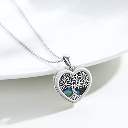 Tree of Life Locket Necklace That Hold Pictures Sterling Silver with Abalone Shell Family Tree Pendant Necklace Memorial Photo Heart Necklace Jewelry Xmas Gifts for Women - style: tree of life 1