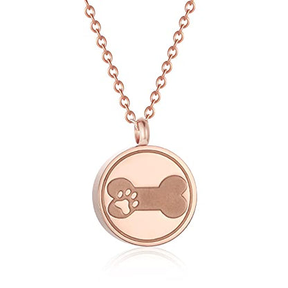 SIYUU Pet Ashes Necklace 20mm Round Shape Dog Cat Keepsake Jewelry Stainless Steel Memorial Urn Jewelry Etching Paw Print & Dog Bone Cremation Pendant Necklace - color: Rose Gold