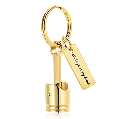 Yinplsmemory Auto Part Cremation Urn Keychain for Ashes for Men's Motor Piston Ashes Keepsake Memorial Jewelry for Dad - color: Gold