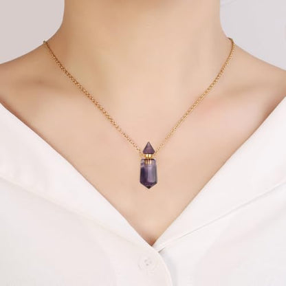 Gold Stainless Steel Urn Necklace For Ashes Of Loved Ones Natural Crystal Gemstones Cremation Keepsake Jewelry Hexagonal Prism Memorial Pendant For Women Mom - color: Purple