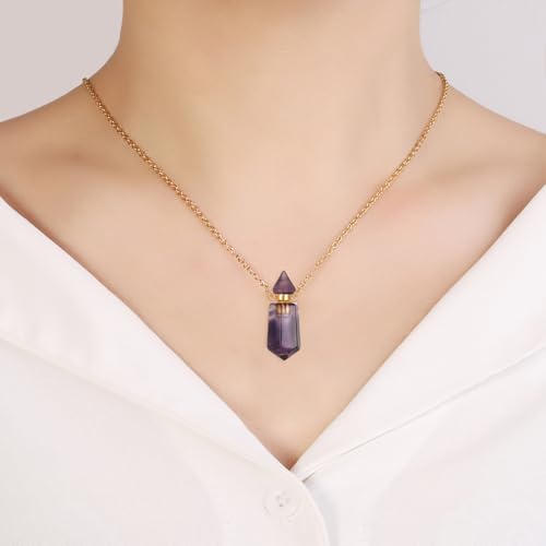 Gold Stainless Steel Urn Necklace For Ashes Of Loved Ones Natural Crystal Gemstones Cremation Keepsake Jewelry Hexagonal Prism Memorial Pendant For Women Mom - color: Purple