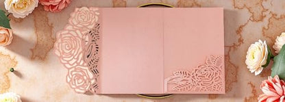 Laser Cutting Invitation Card Greeting Card Graduation Party Rose Flower Wedding Birthday Party Invitations Invitation Pocket With Envelope (Champagne Gold) | Laser-cut rose flower glitter cards for graduation, wedding, birthday, or party. Includes 20 poc
