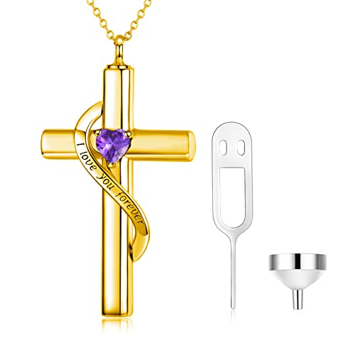 SOULMEET Crystal Cross Necklace for Ashes, Sterling Silver I Love You Forever Birthstone Cross Urn Necklaces for Ashes Keepsake Cremation Jewelry for Pet Human Ashes - style: B-Gold-February