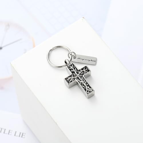 XSMZB Cross Urn Necklace for Ashes for Women Men Tree of Life Cross Cremation Jewelry Keepsake Pendant for Ashes of Loved One - color: Silver Keychain