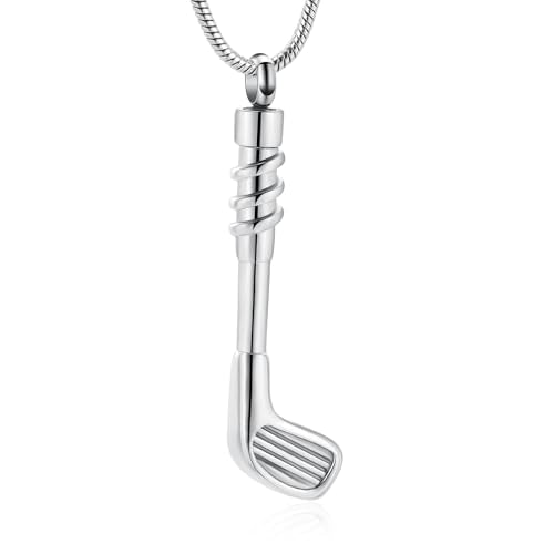 Golf Clubs Urn Necklace for Ashes Sport Cremation Jewelry Stainless Steel Memorial Necklaces Ash Holder for Human Pets Keepsake Jewelry for Loved Ones with Fill Tool - color: Sliver