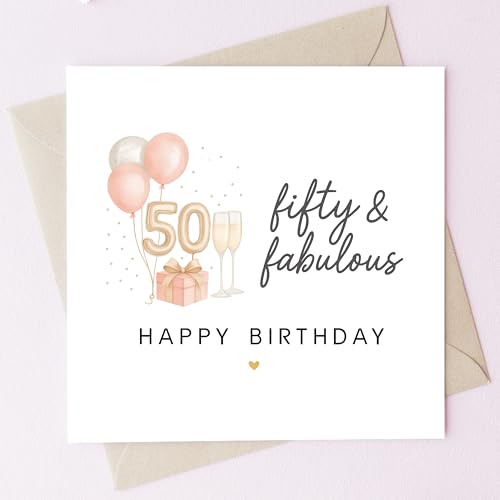TEEMI-40th 50th 60th Birthday Card for Women - Fabulous Birthday Greeting Card with Envelope, Rose Gold Balloons Champagne Design, 300gsm Premium Cardstock, Blank Inside for Mom Sister Friend Wife (50th) - color: 50th