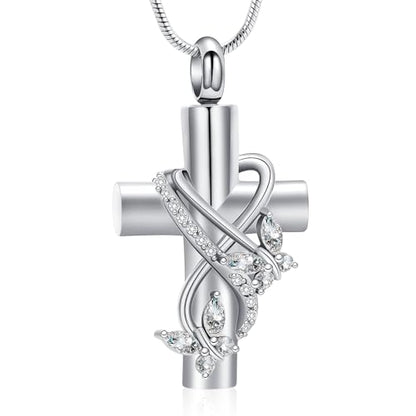Butterfly Cross Cremation Jewelry Urn Necklaces Stainless Steel Cross Urn Necklaces for Ashes Memorial Keepsake Pendant for Women Gifts With Funnel Kit & Bag - color: Silver