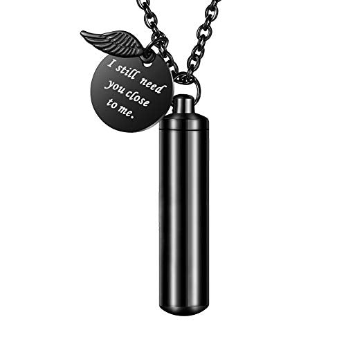 abooxiu Cylinder Urn Necklace for Ashes Cremation Jewelry/Keychain for human Pet Stainless Steel Memorial Keepsake Pendant with Angel Wing Charm Ashes - color: Black-l