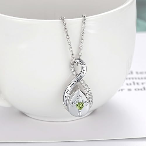ZOEXUE Infinity Cross Cremation Jewelry - S925 Sterling Silver Cross Urn Necklace for Women - Birthstone Cross with Heart CZ Ashes Keepsake Pendant Memorial Urn Jewelry Gift for A Loss Loved Ones - color: peridot