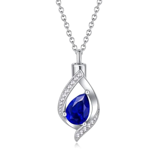 Teardop Cremation Jewelry Urn Necklace for Human Pet Ashes CZ Heart Stainless Steel Urn Pendant Memorial Jewelry Sympathy Gift - color: Deep bule