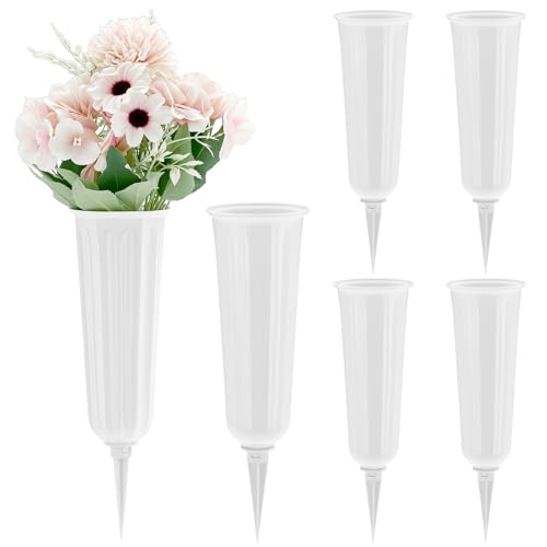 QWORK Memorial Floral Vases, Set of 6 Cemetery Vase, White Grave Cone Vase, Headstones Flower Holder, Plastic Flower Holders Pots