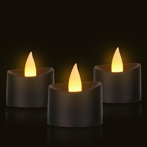 Black Flameless Tea Lights - 12 Pack Modern LED Candles for Men, Memorial Decor, Gothic Weddings & Industrial Home Style (Black Base, 12 Pack) - color: Black Base, size: 12 Pack