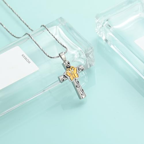 Butterfly Cross Urn Necklace for Ashes Birthstone Cremation Jewelry for Men Women Ashes Pendant Keepsake Memorial Ash Jewelry - color: Gold