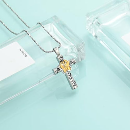 Butterfly Cross Urn Necklace for Ashes Birthstone Cremation Jewelry for Men Women Ashes Pendant Keepsake Memorial Ash Jewelry - color: Gold