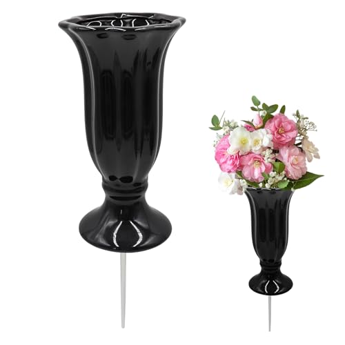Cemetery Vases for Grave, Durable Ceramic Vase with Metal Stake for Decoration and Memory, Grave Flower Holder, Cemetery Vase, Graveside Flowers Holder for Cemetery