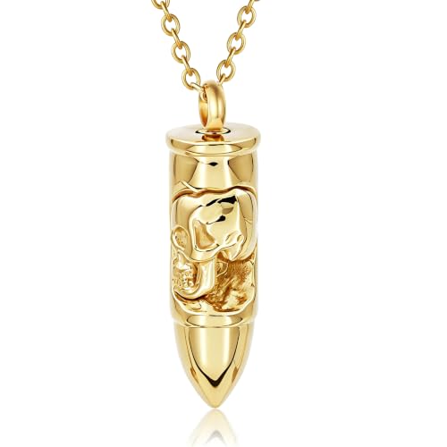 SIYUU Skull Bullet Urn Necklace for Ashes Stainless Steel Punk Cremation Keepsake Jewelry for Men Skeleton Bullet Urn Pendant Necklace Personalized Gothic Skull Bullet Memorial Jewelry - color: Gold