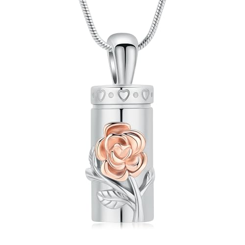 Rose Urn Necklace for Ashes for Women/Men Flower Cremation Pendant Memorial Keepsake Jewelry Gift for Loved One - color: Silver-rose