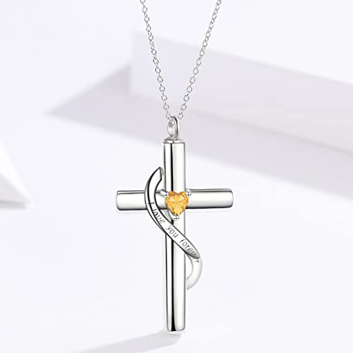 SOULMEET Crystal Cross Necklace for Ashes, Sterling Silver I Love You Forever Birthstone Cross Urn Necklaces for Ashes Keepsake Cremation Jewelry for Pet Human Ashes - style: K-White Gold-November