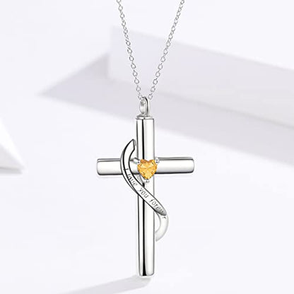 SOULMEET Crystal Cross Necklace for Ashes, Sterling Silver I Love You Forever Birthstone Cross Urn Necklaces for Ashes Keepsake Cremation Jewelry for Pet Human Ashes - style: K-White Gold-November