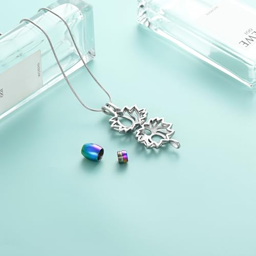 Cremation Jewelry Lotus Flower Urn Necklaces for Ashes Stainless Stell Memorial Ash Pendant Necklaces with Mini Urn Keepsake Ash Jewelry for Men Women Gifts with Funnel Filler Kit - color: Silver-Rainbow