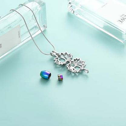 Cremation Jewelry Lotus Flower Urn Necklaces for Ashes Stainless Stell Memorial Ash Pendant Necklaces with Mini Urn Keepsake Ash Jewelry for Men Women Gifts with Funnel Filler Kit - color: Silver-Rainbow