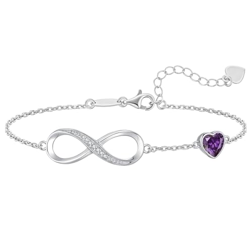 CDE 925 Sterling Silver Infinity Birthstone Bracelet Jewelry Gift for Women | Hypoallergenic,Non Tarnish,Heart CZ,Nickel-Free & Lead-Free,Anniversary Christmas Birthday Idea Gifts for Wife Girlfriend Her - color: 02-Feb