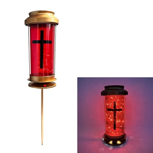 Solar Outdoor Memorial Decoration Lights Garden Decor for Outside, Memorial Tombstone Decoration Solar Lights for Graves, Outdoor Solar Candle Holder for Grave Decoration with Crosses and Long Stakes - color: Red and Gold, size: K2