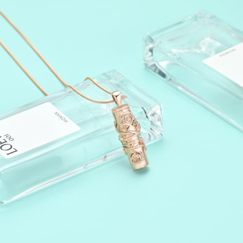 Cylinder Urn Necklace for Ashes Roseflower Cremation Jewelry Urn Ashes Necklace for Women Men Memorial Keepsake Necklace of Loved One - color: Rosegold