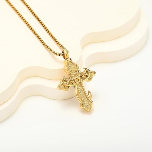 zeqingjw Cross Urn Necklace Fish Hook Cremation Jewelry for Ashes Pendant Stainless Steel Deer Antler Cross Memorial Human Pet Keepsake Ashes Holder for Men Women - color: Z-Gold