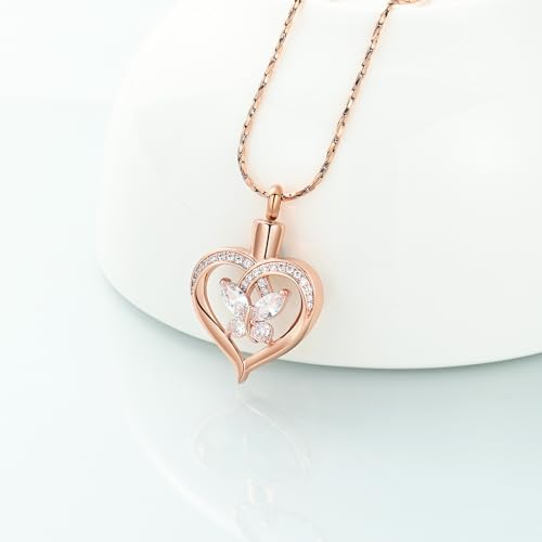 Imrsanl Butterfly Heart Pendant Cremation Urn Necklace for Women - color: Rose Gold-White