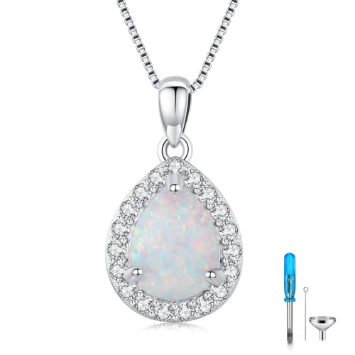 Urn necklace for Ashes 925 Sterling Silver Opal/Turquoise/Moonstone/Moss agate Pendant Cremation Memory Jewelry Keepsake Gifts for Women - style: Opal
