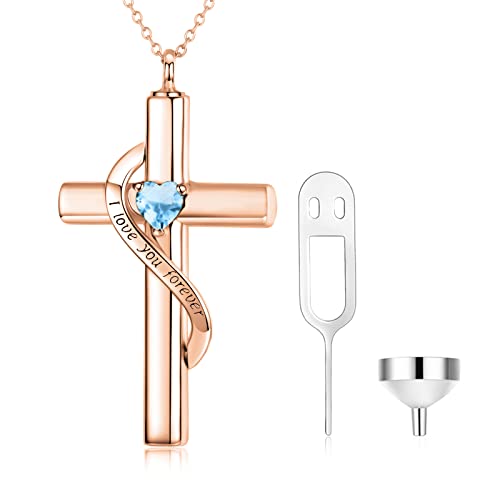 SOULMEET Personalize Solid 10k 14k 18k Real Gold Birthstone Cross Locket for Ashes, Simulated Gemstone Cross Urn Necklaces with Gold Chain Keepsake Cremation Jewelry - style: L-Custom Rose Gold December