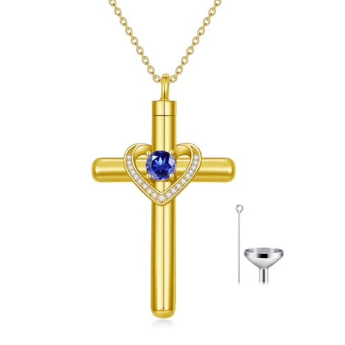 AOBOCO Cross Necklace for Ashes, Sterling Silver Birthstone Cross Urn Necklaces for Ashes Embellished with Crystals from Austria Keepsake Cremation Jewelry for Pet Human Ashes - color: 09-sapphire-Sept-18k Gold-Plated