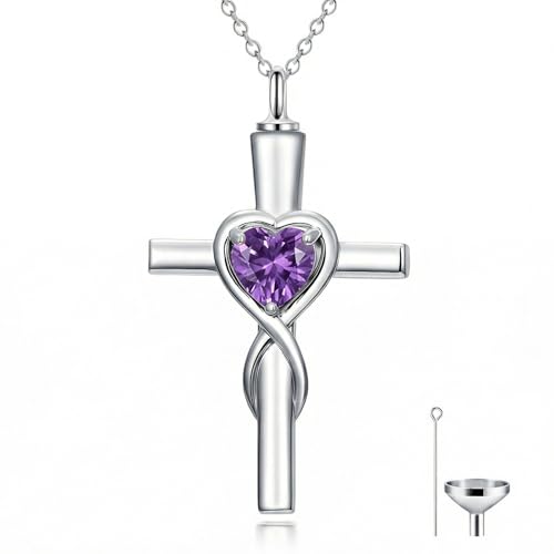 YYB Urn Necklace for Ashes Women Heart Birthstone Cross Cremation Jewelry | Memorial Keepsake Funeral Jewelry for Loved Ones (with Funnel Filler) - color: 02-Feb-Amethyst