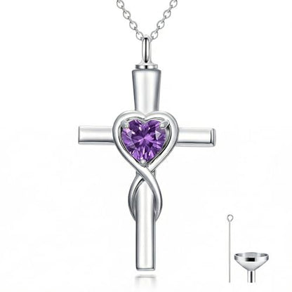 YYB Urn Necklace for Ashes Women Heart Birthstone Cross Cremation Jewelry | Memorial Keepsake Funeral Jewelry for Loved Ones (with Funnel Filler) - color: 02-Feb-Amethyst