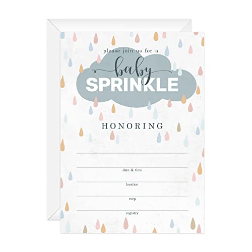 Canopy Street Raindrops Baby Sprinkle Invitations / 25 Fill In Baby Shower Cloud Invites / 5" x 7" Flat Modern Rainbow Baby Shower Party Invitation/Made In The USA - color: Raindrop Sprinkle