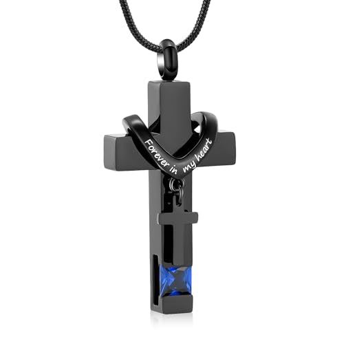 Cross Cremation Jewelry Urn Necklace for Human Ashes for Women Men Memorial Ashes Keepsake Birthstone Pendant - color: Black-Dark Blue