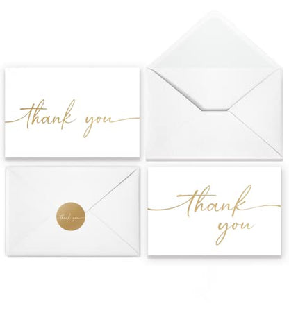 Thank You Cards with Envelopes & Stickers, Matte Gold Foil Cards Bulk Pack of 100, 4x6 Inch Minimalistic Design, Suitable for Business, Wedding, Small Business, Graduation, Bridal Shower, Funeral | 4 x 6 Inches with Stickers, 100 Gold Foil Cards, For Busi