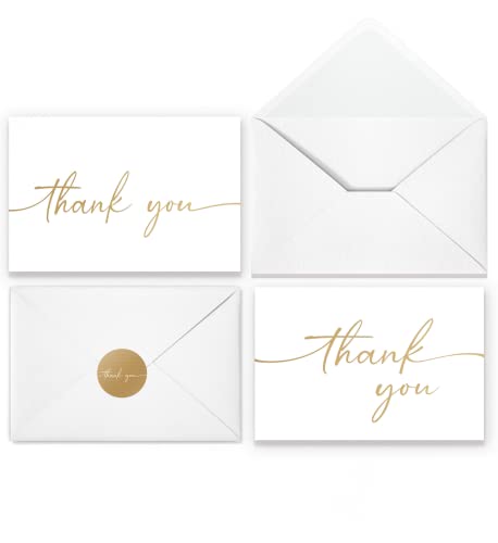 Thank You Cards with Envelopes & Stickers, Matte Gold Foil Cards Bulk Pack of 100, 4x6 Inch Minimalistic Design, Suitable for Business, Wedding, Small Business, Graduation, Bridal Shower, Funeral | 4 x 6 Inches with Stickers, 100 Gold Foil Cards, For Busi