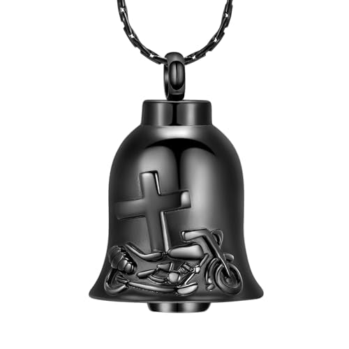 Bell Urns Necklace Cross Motorcycle Memorial Cremation Keychain | Bell Cremation Jewelry Cross motorcycle Urns Keychain for Men Women Stainless Steel Keepsakes Ash Pendant - color: A-black